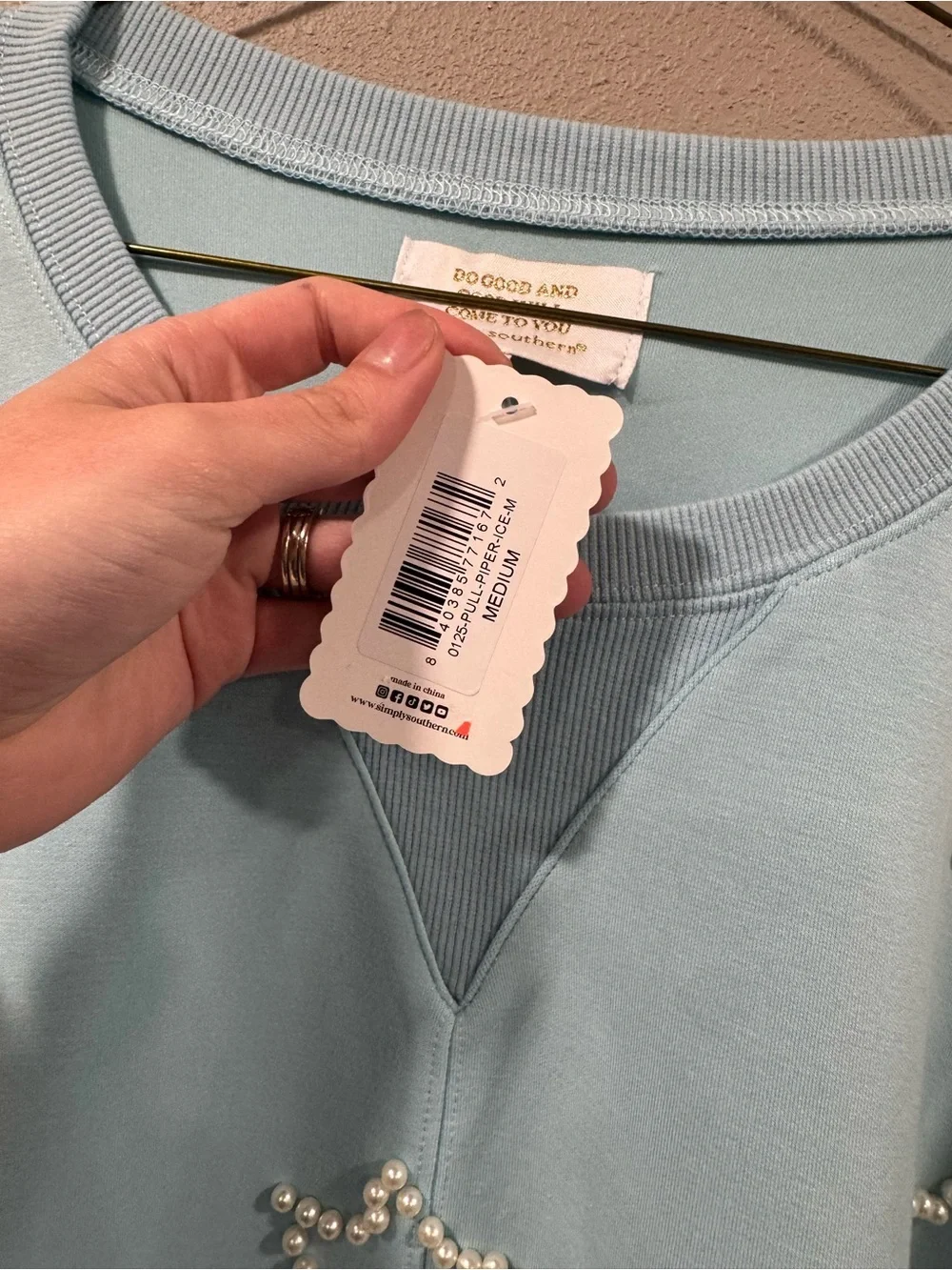 NWT Simply Southern Pearl Star Embellished Cropped Sweatshirt - Light Blue - Picture 2 of 5
